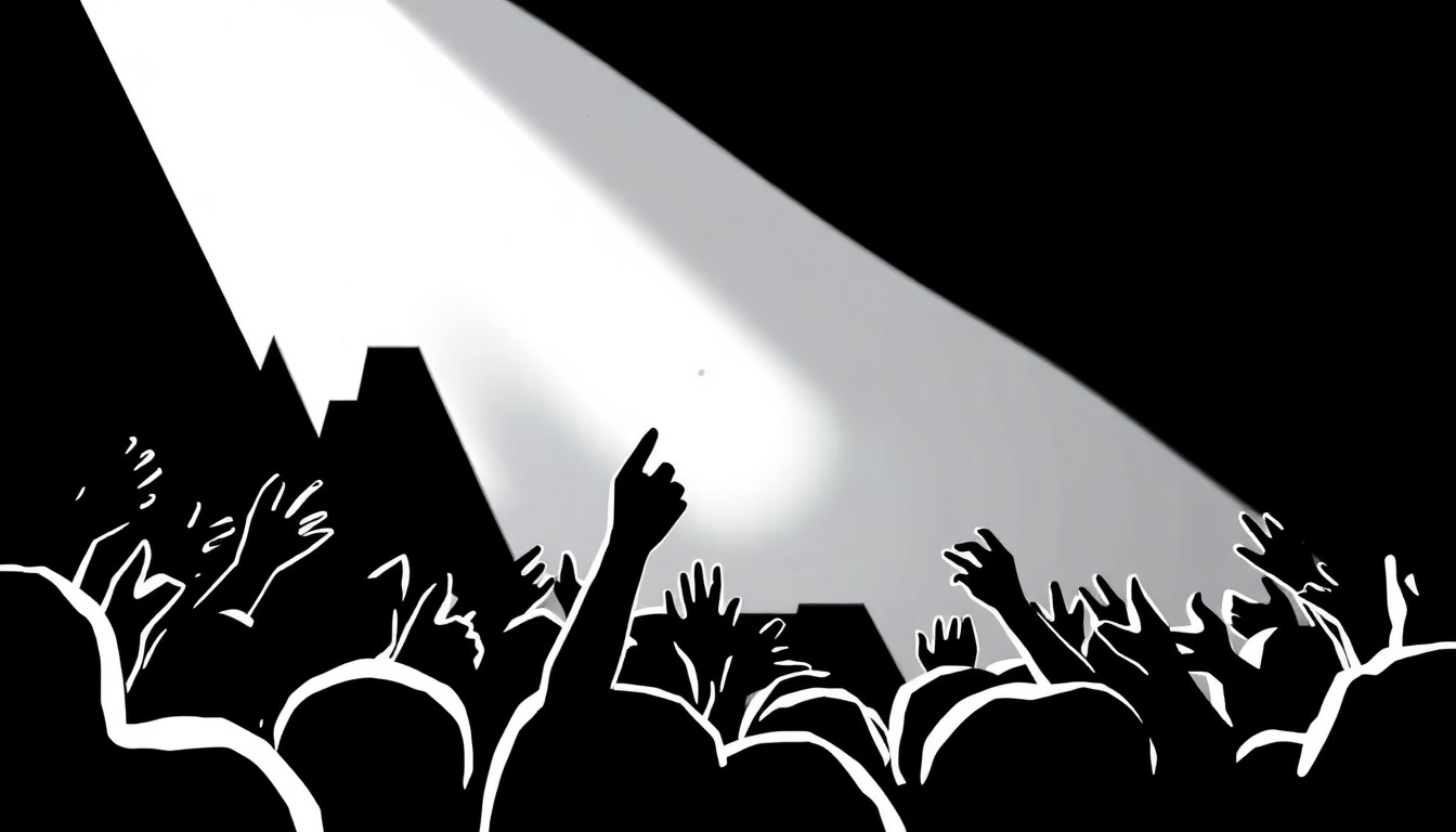 An abstract, minimalist composition of stark black and white geometric shapes, representing the musical performance and energy of a singer-songwriter concert.