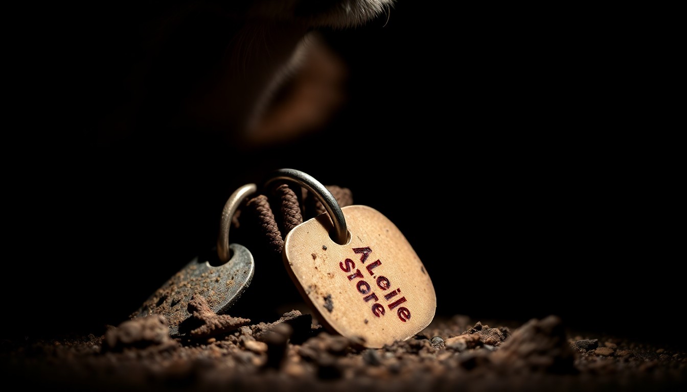 An extreme close-up photograph of a dog's collar and tag, partially obscured by dirt and debris, against a stark black background lit by a harsh camera flash, conveying a sense of neglect and abandonment.