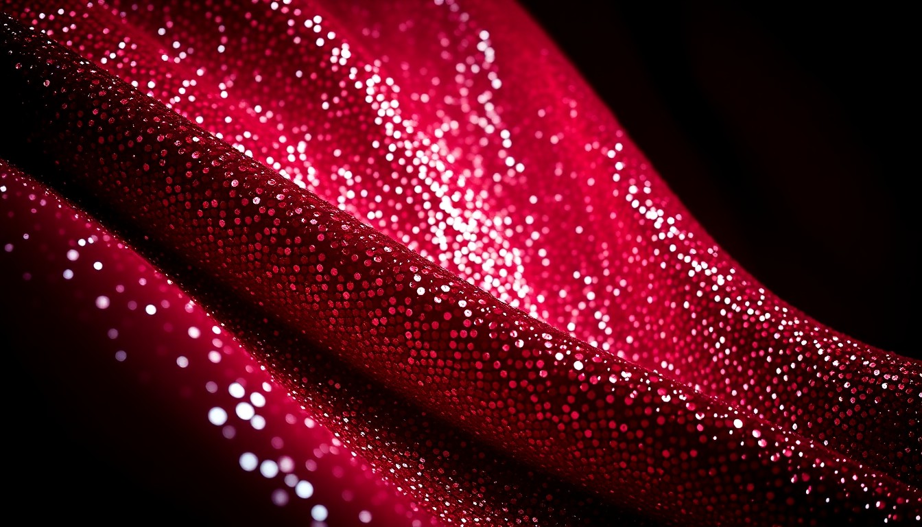 An extreme close-up photograph showcasing the rich, textured materials of high-end luxury, such as shimmering sequins or plush velvet, captured in dramatic, high-contrast studio lighting to convey a sense of glamour and opulence.