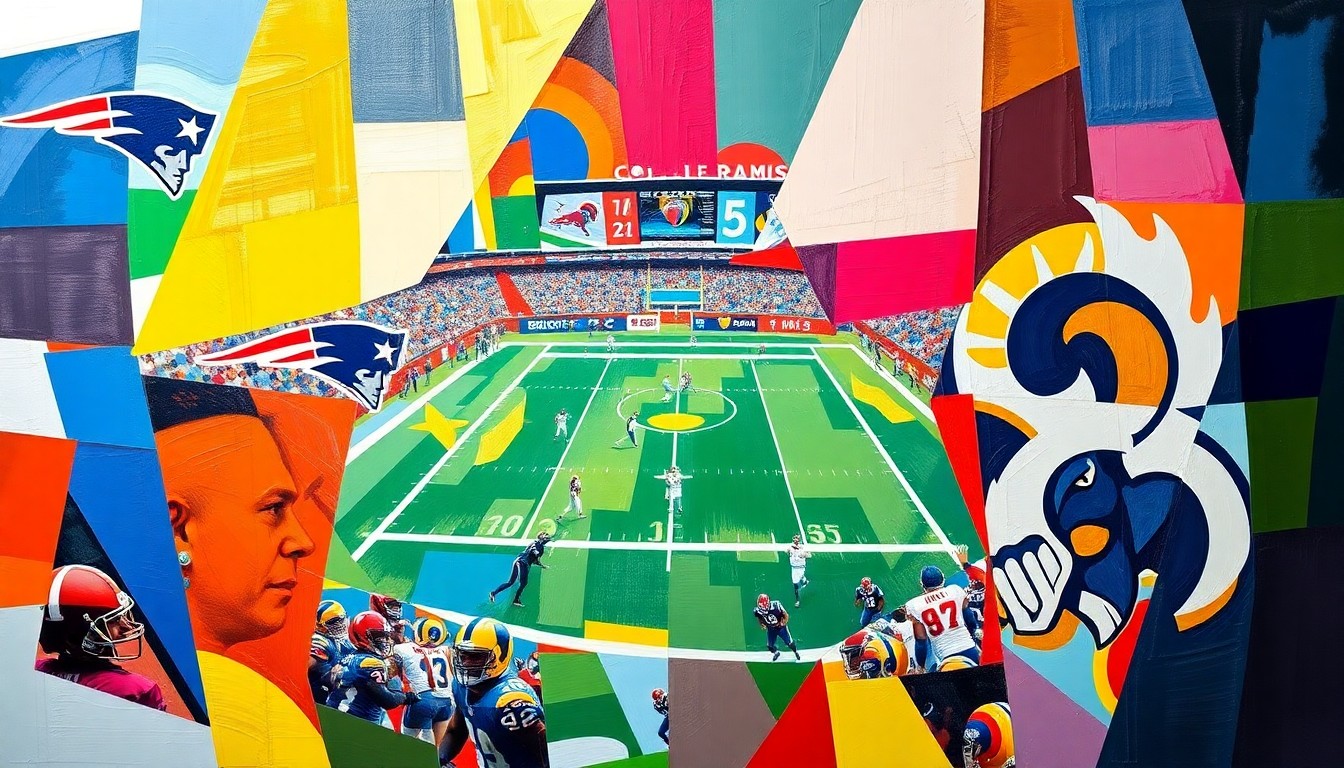 A cubist, geometric painting depicting a fragmented football game, with sharp planes of the New England Patriots' red, white, and blue colors overlapping with the Los Angeles Rams' royal blue and gold, conceptually representing the complex business and regulatory issues surrounding the NFL's antitrust exemption.
