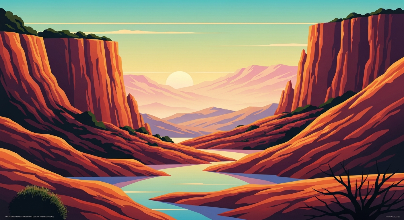 A bold, geometric illustration in the Art Deco style, depicting the sweeping, rugged landscapes of the new Palo Pinto Mountains State Park in Texas through a series of sleek, streamlined forms and forced perspectives, capturing the park's grand scale and natural beauty.