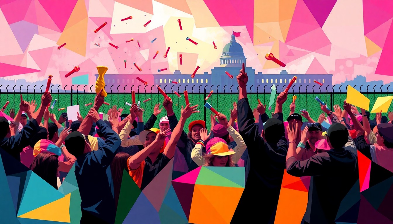 A fractured, abstract painting depicting a chaotic scene of protesters hurling sex toys over a security fence, with the faint outline of a government building in the background, conveying the confrontational and provocative nature of the demonstration.