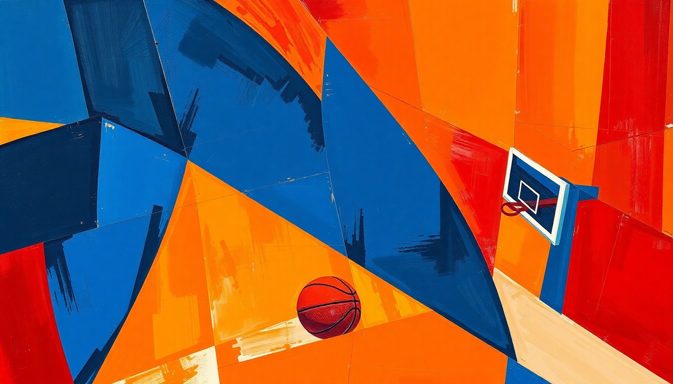 A fragmented, cubist-style painting depicting the action and energy of a basketball game, with sharp geometric shapes and planes of color representing the players and court.