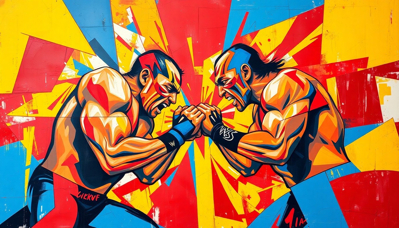 A cubist, geometric painting depicting the dynamic movements and collisions of two wrestlers engaged in an intense match, with sharp planes of color and overlapping perspectives conveying the raw energy of the competition.