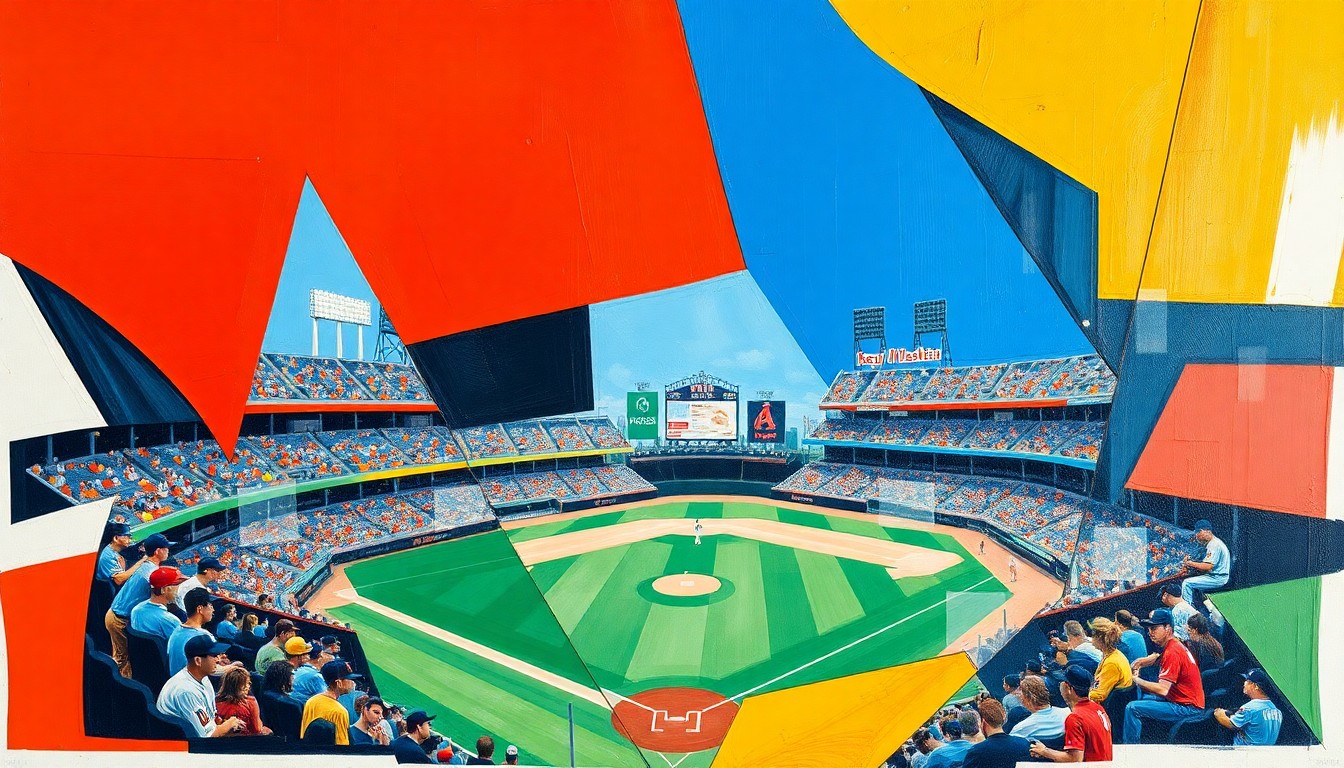 A fractured, multi-perspective painting featuring sharp, overlapping geometric planes in vibrant blue, red, and green colors, conceptually representing the analysis and predictions for Sunday's MLB games.