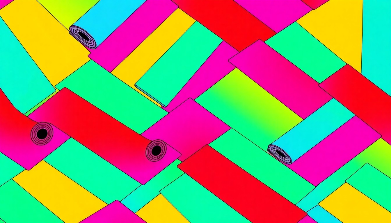 A bold, graphic illustration composed of repeating neon-colored silkscreen images of a yoga mat, conceptually representing the wide range of workout classes and activities available at the District Fit community fitness event.