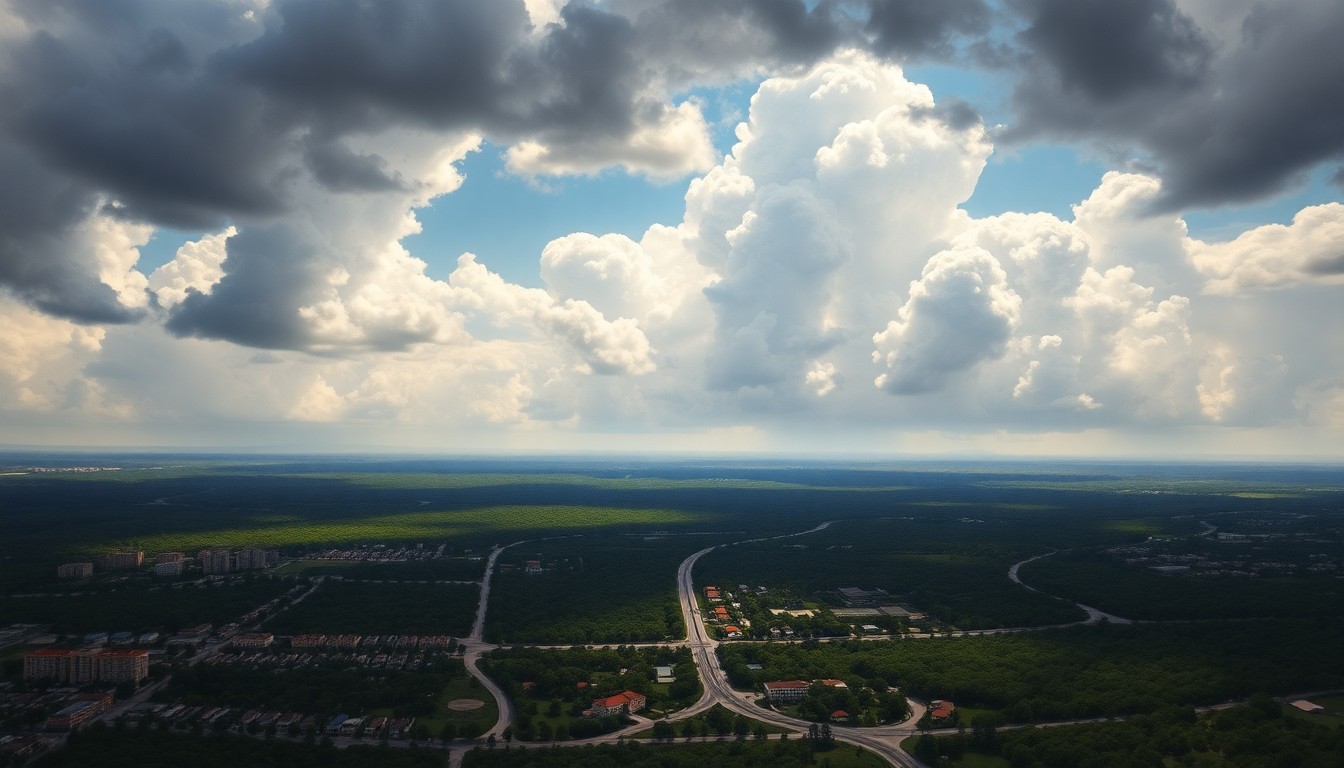 A sweeping, atmospheric landscape painting in muted tones of blue, gray, and green, depicting the Palm Beach Gardens cityscape under a dramatic, clearing sky. The buildings and infrastructure are dwarfed by the overwhelming scale and power of the natural environment.