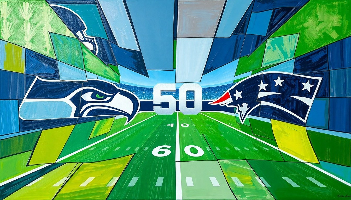 A cubist, geometric painting depicting fragmented and overlapping visual elements of a football game, conceptually representing the strategic complexity and unpredictability of the Super Bowl 60 matchup.