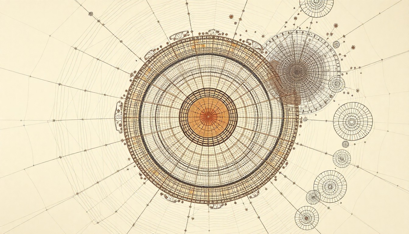 An abstract, highly structured painting in soft earth tones, featuring sweeping geometric arcs, concentric circular patterns, and precise botanical spirals, conceptually representing the intricate web-building and dispersal mechanisms of the Joro spider.