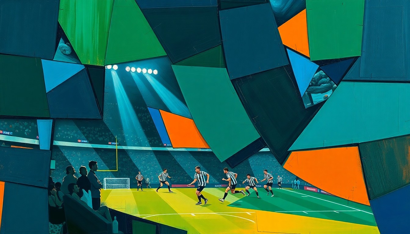 A cubist, geometric painting depicting a fragmented football game, with sharp planes of dark blue, forest green, and burnt orange representing the dynamic action on the field.