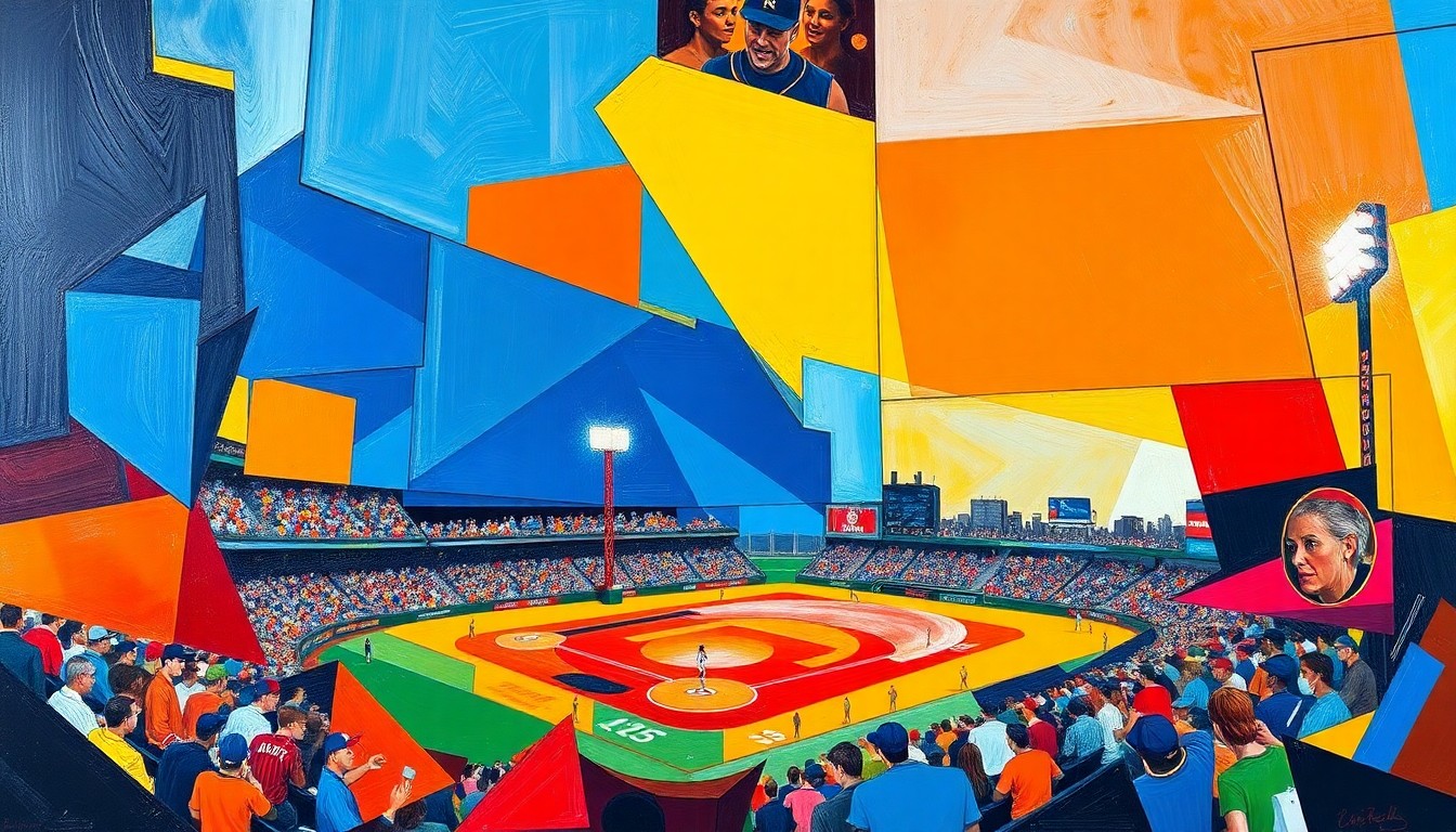 A fractured, multi-perspective painting using bold geometric shapes and vibrant colors to conceptually represent a baseball player transitioning to a new position on the field.