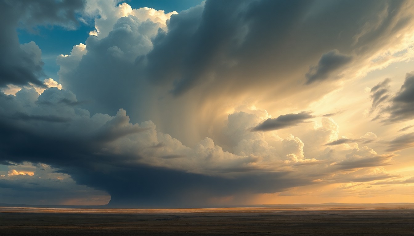 A vast, majestic landscape painting in muted tones of blue, gray, and green, with a dramatic, cloud-filled sky dominating the horizon and sweeping across the windswept plains below, conceptually representing the transitioning weather conditions in central New Mexico.