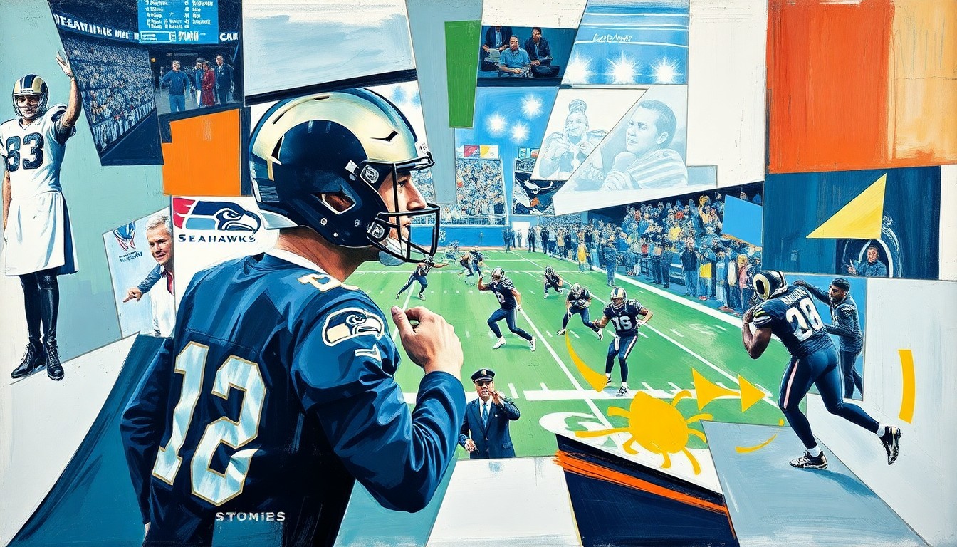 A fragmented, geometric painting depicting a football player in mid-action, with the field and opposing players broken down into sharp, angular shapes, conveying the intensity and momentum of the game.