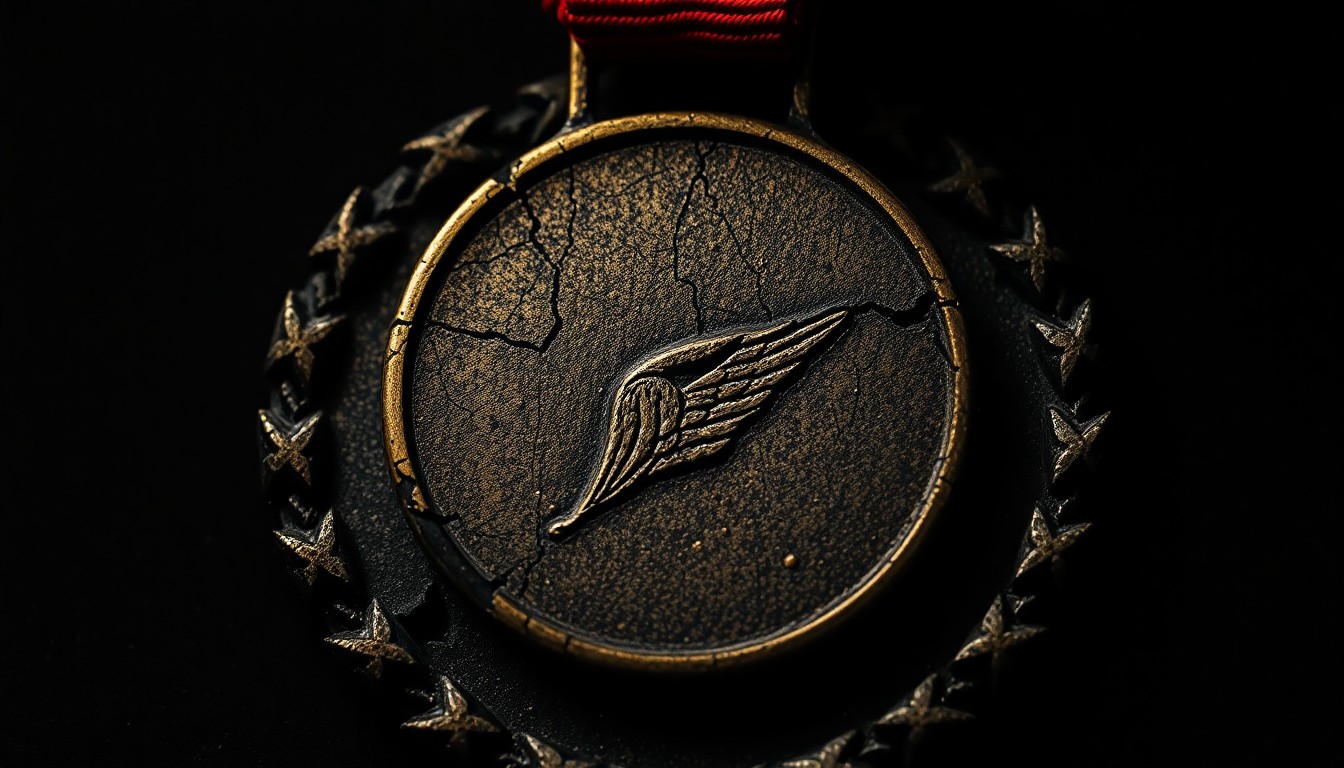 An extreme close-up of a tarnished, weathered military medal or insignia, capturing the texture and wear of a decorated career, conceptually representing the enduring friendship between a rock star and a retired general.