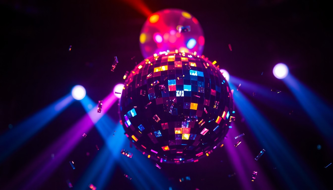 An extreme close-up photograph of shattered disco ball fragments reflecting colorful stage lights, creating a high-contrast, abstract, and glamorous visual texture.