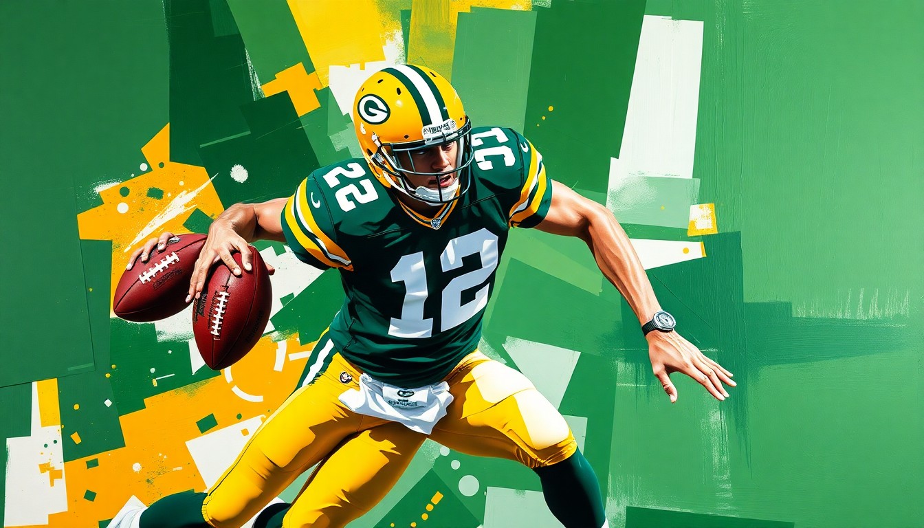 A fragmented, cubist-style painting depicting a football player in motion, with sharp geometric shapes and planes in the Packers' team colors of green, gold, and white.