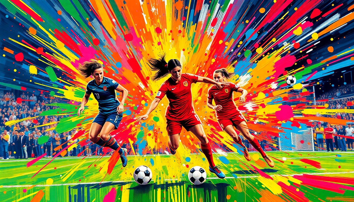 An abstract, energetic painting in neon colors depicting the blurred, dynamic movements of soccer players on a field, conveying the excitement and momentum of a record-breaking women's soccer match.