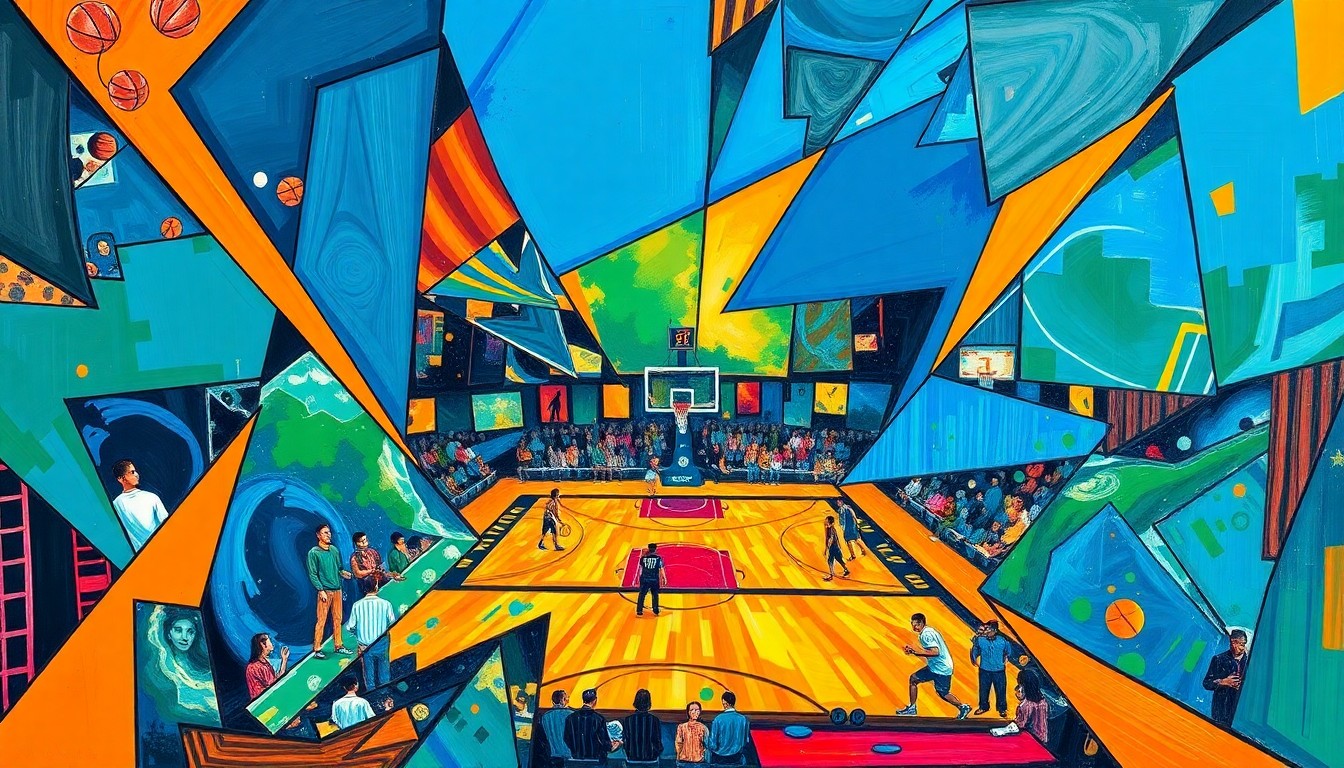 A cubist, geometric painting depicting a basketball game or playoff competition, with sharp, overlapping planes of color representing the dynamic and unpredictable nature of the Nuggets' postseason journey.