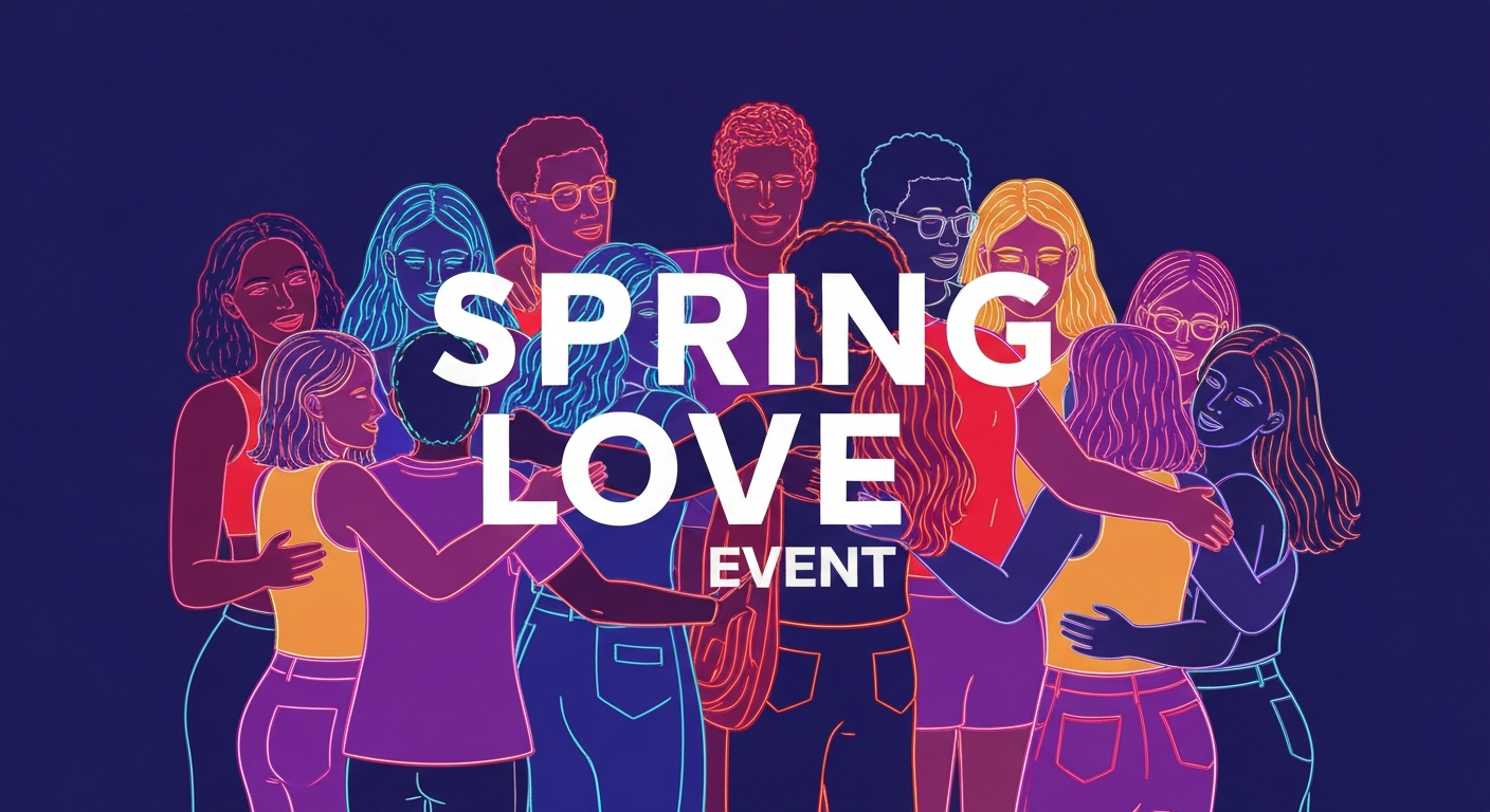 A colorful illustration of a group of people embracing each other, their forms defined by vibrant neon lines against a dark background, capturing the energy and community spirit of the Spring Love Event.