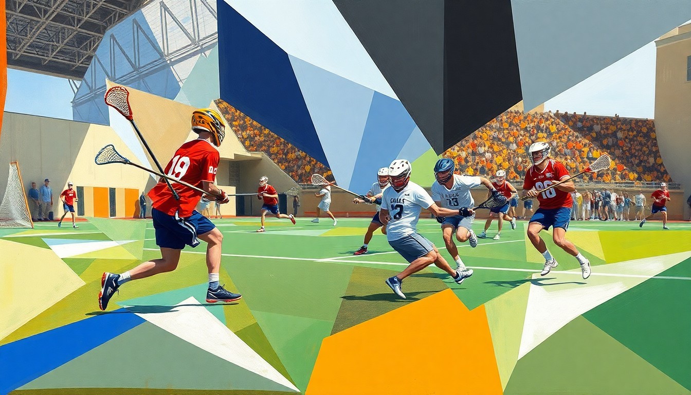 A cubist, geometric illustration depicting the energy and movement of a college lacrosse game, with overlapping angular shapes and vibrant colors representing the players and action on the field.