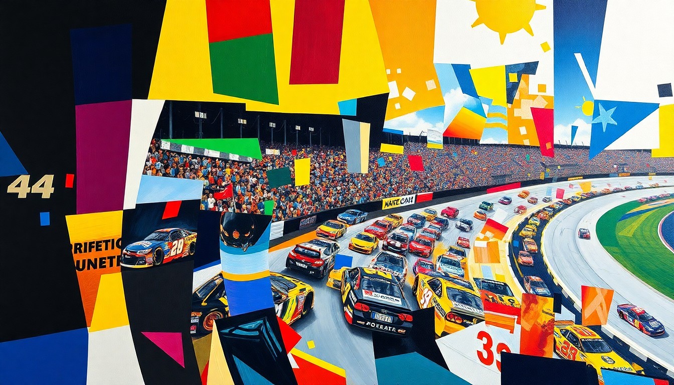 A cubist, geometric painting depicting a NASCAR race at Bristol Motor Speedway, with sharp, overlapping planes of color representing the unpredictable and chaotic nature of the event.