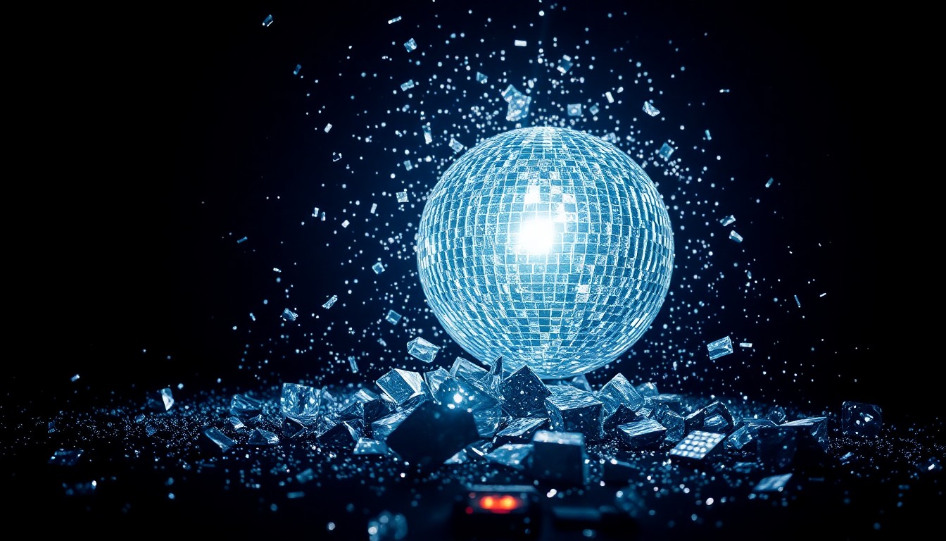 An extreme close-up photograph of shattered, glittering disco ball fragments against a dark background, capturing the high-energy, glamorous atmosphere of a major music festival performance.