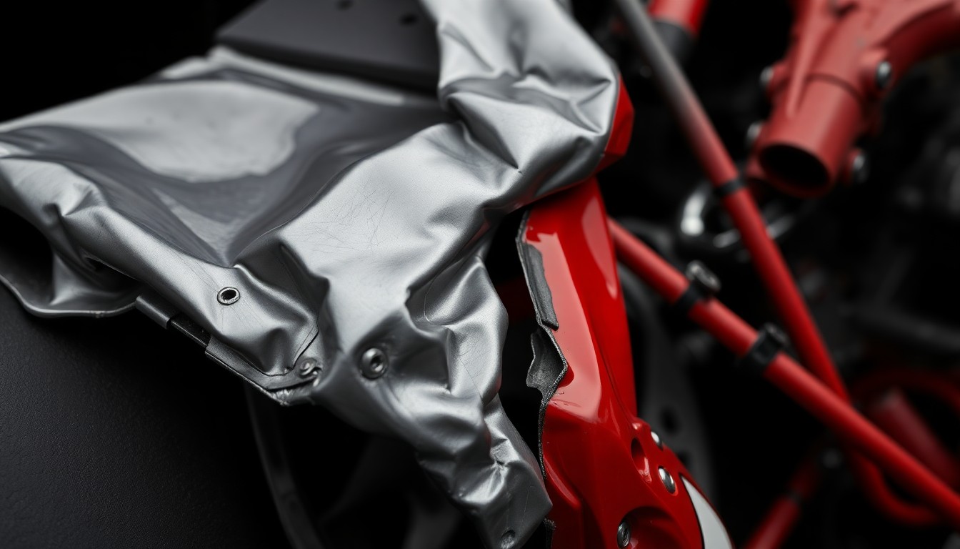 An extreme close-up of a crumpled, twisted metal car part in shades of silver, black, and red, capturing the intensity and danger of NASCAR racing.