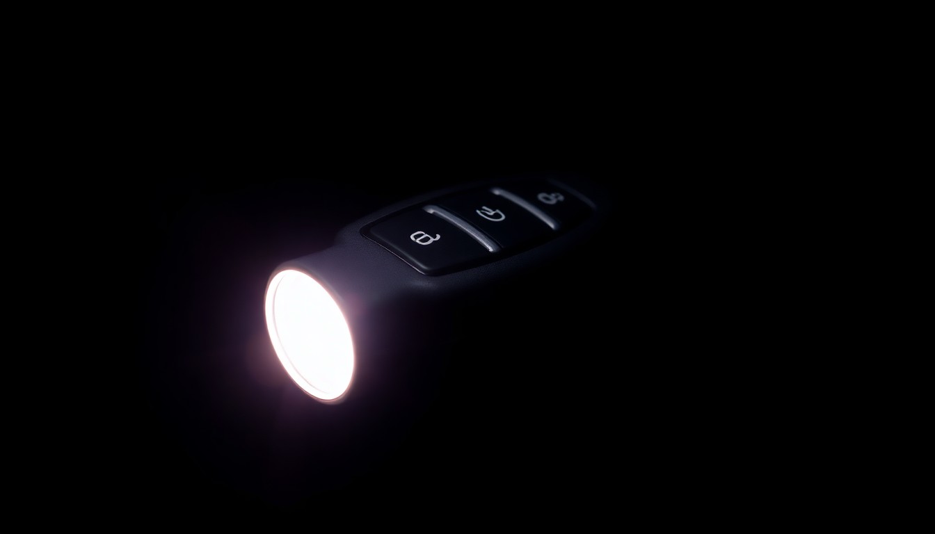An extreme close-up photograph of a car key fob against a pitch-black background, lit by a harsh, direct camera flash, conceptually illustrating the violent nature of the reported auto theft incident.