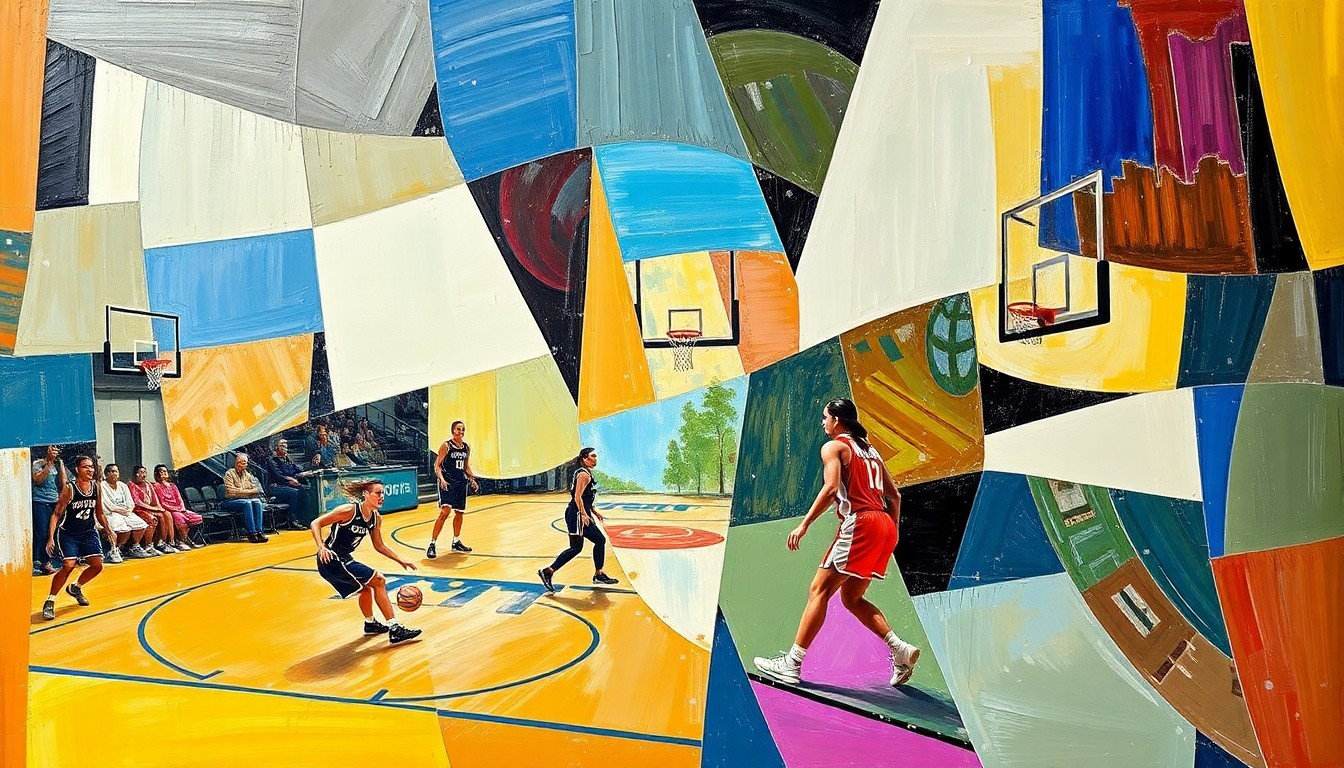 A fractured, geometric painting depicting the action and intensity of a women's basketball game, with sharp, overlapping planes of color and form representing the sport's fast-paced nature.