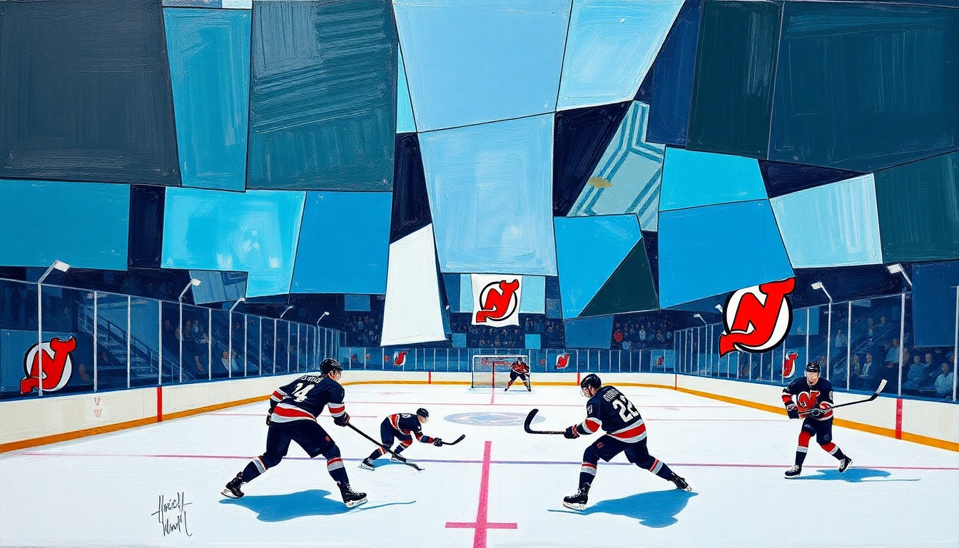 A fragmented, geometric painting depicting a hockey game, with players and the puck rendered as overlapping angular shapes in a vibrant color palette.