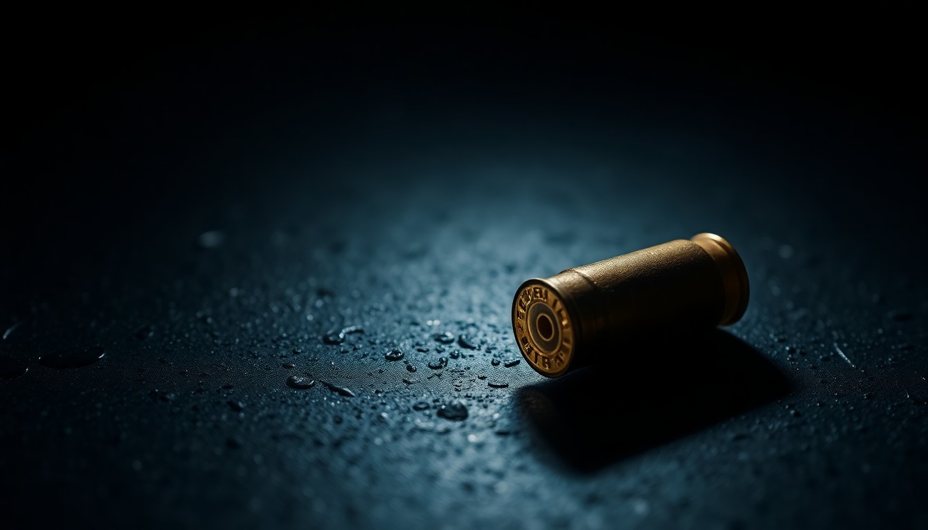 An extreme close-up photograph of a single spent shell casing on a dark, textured surface, conceptually illustrating the aftermath of a shooting incident.