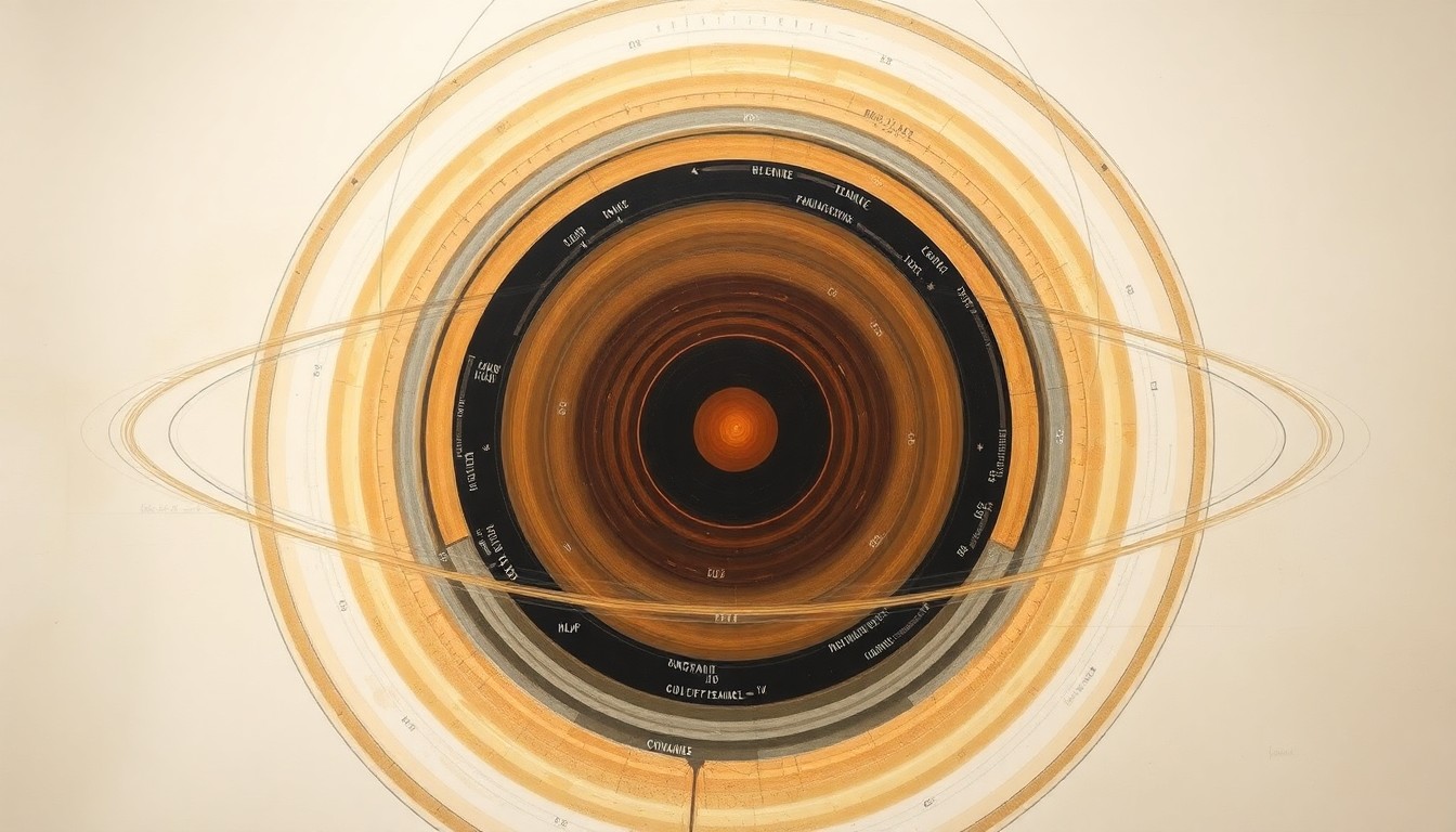 A bold, abstract painting featuring sweeping geometric arcs, concentric planetary circles, and precise geological spirals in earthy tones, conceptually representing the interior structure and magnetic field of a super-earth exoplanet with a hidden basal magma ocean.