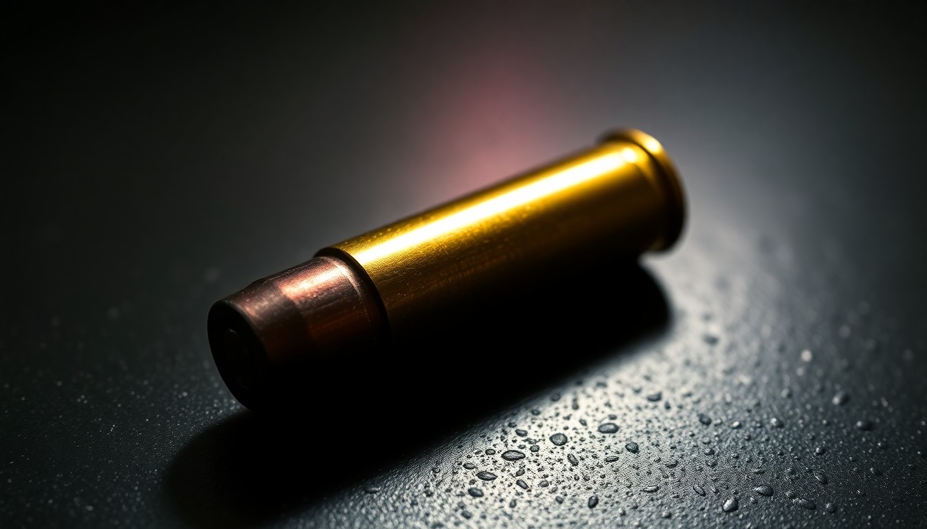 An extreme close-up photograph of a spent bullet casing on a dark, textured surface, lit by a harsh, direct camera flash, conceptually illustrating the evidence gathered from a campus shooting incident.