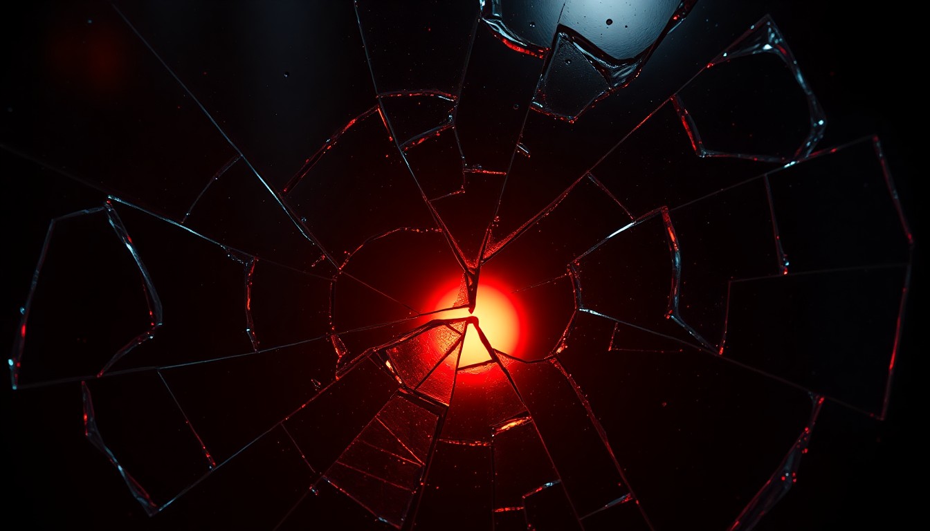 An extreme close-up of a shattered glass surface reflecting a faint red light, conceptually representing the fragility and vulnerability of the main characters' relationship.