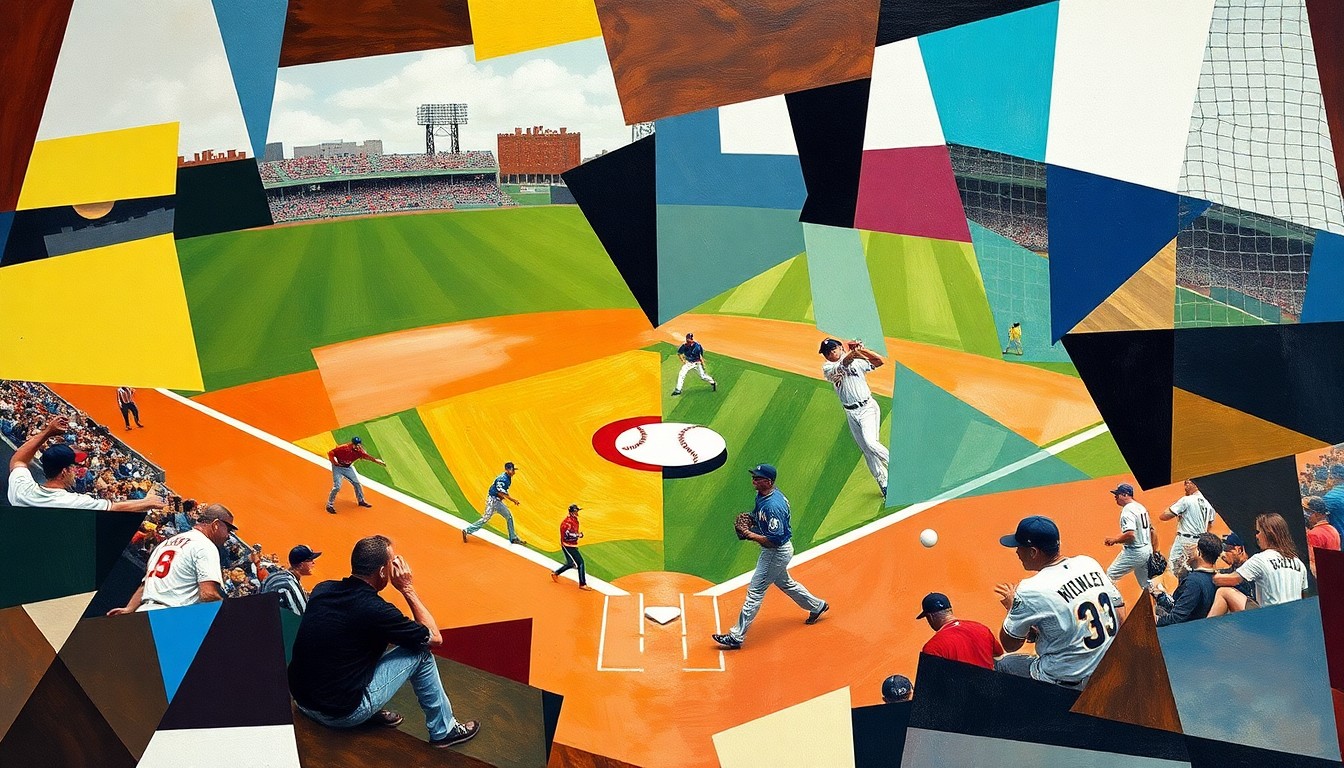 A cubist, geometric painting depicting a baseball game or match, with the players and field broken down into abstract shapes and planes of color, creating a dynamic, multi-perspective visual representation of the sport.