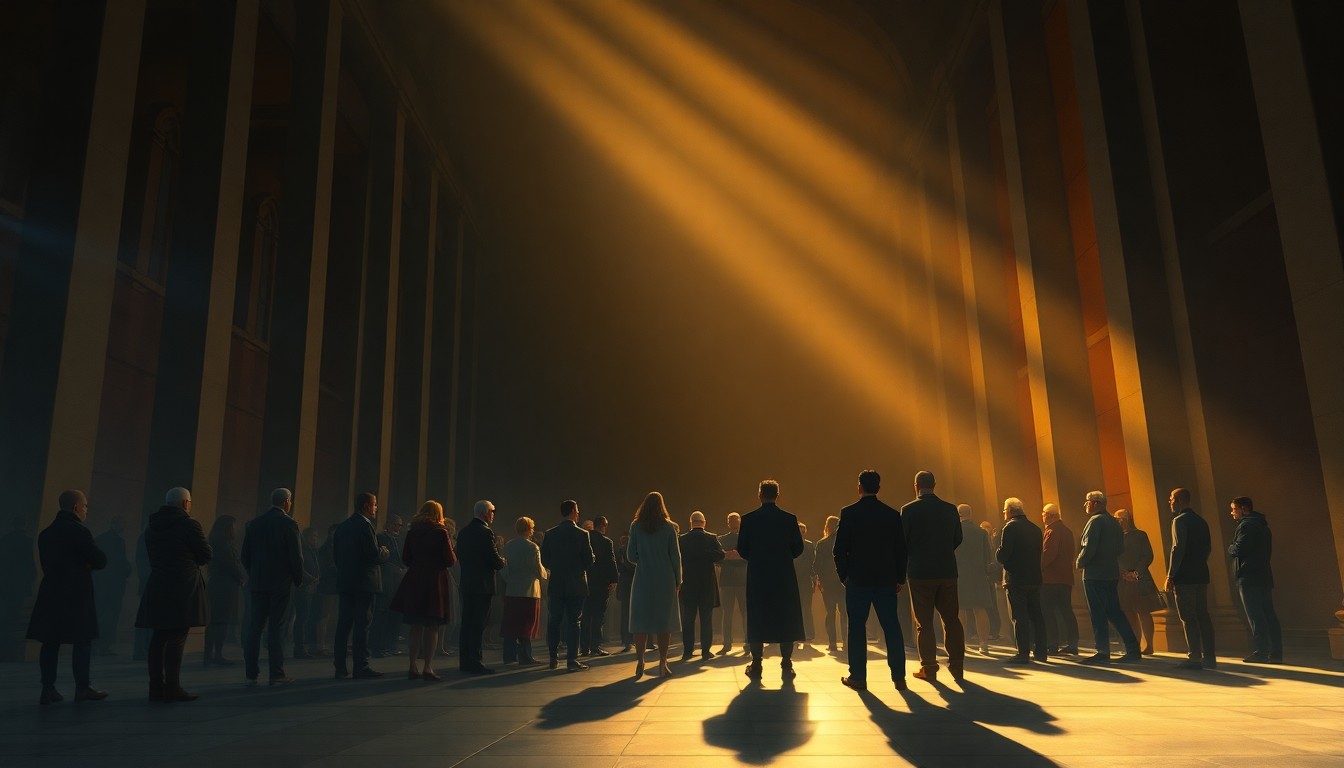 A serene, painterly scene of people gathered in prayer outside a cathedral, the warm light and deep shadows creating a contemplative, nostalgic mood.