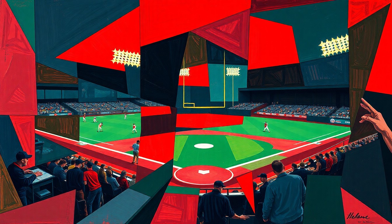 A fragmented, geometric painting depicting a baseball game or match, with sharp planes of deep red, navy blue, and forest green overlapping to create a dynamic, multi-perspective view of the action on the field.