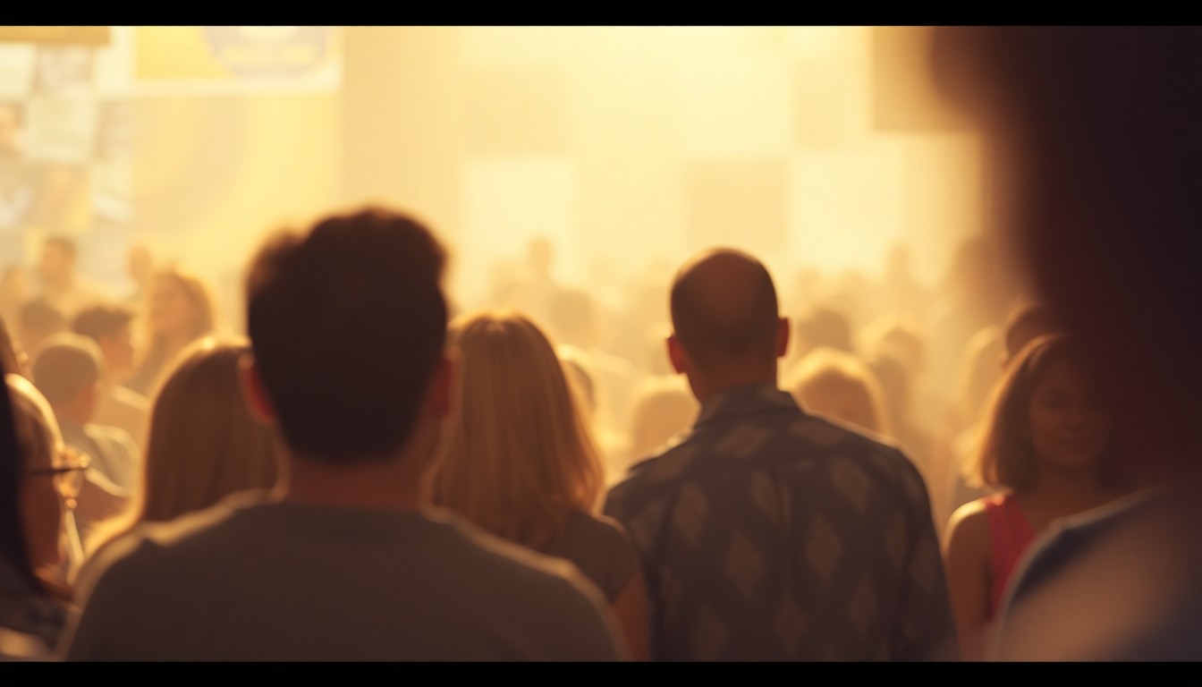 An abstract, out-of-focus photograph in warm, muted tones depicting a crowd of people gathered in a community setting, conveying a sense of emotional connection and togetherness.