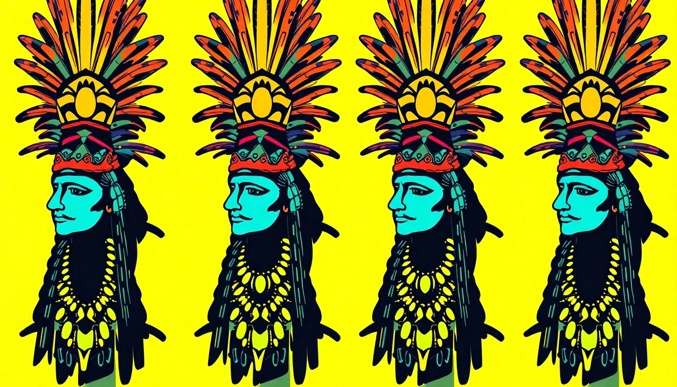 A high-contrast silkscreen print in neon colors depicting the intricate feathers and shells of an Aztec dancer's ceremonial headdress, repeated in a grid pattern to create a bold, abstract pop art composition.