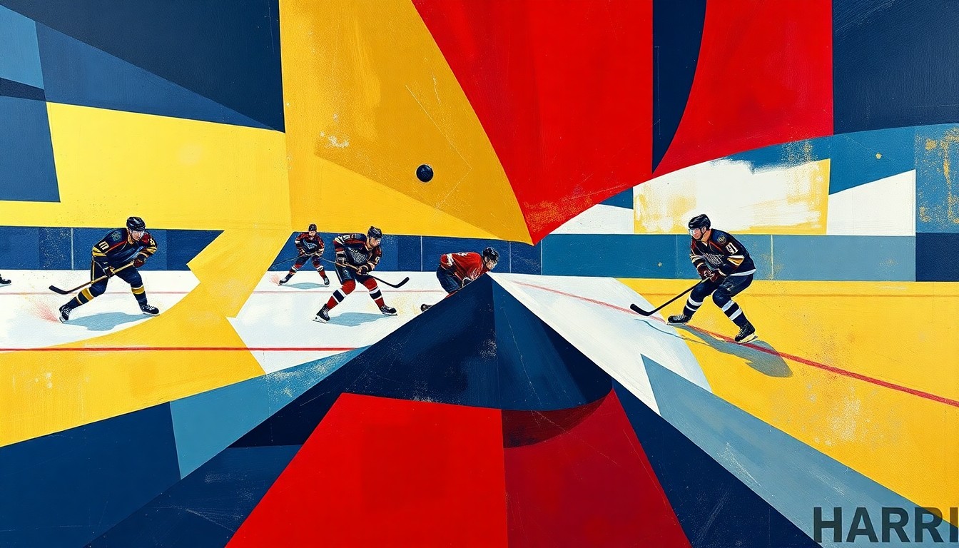 A cubist, geometric painting depicting the chaotic action of a hockey game, with players and the puck represented as fragmented, overlapping shapes in a bold color scheme.
