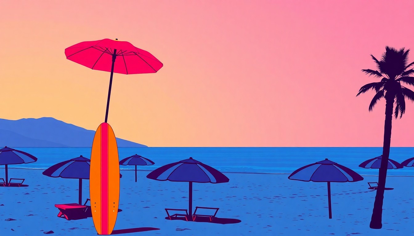 A brightly colored, high-contrast silkscreen print of a Santa Barbara beach umbrella repeated in a tight grid pattern, conceptually representing the city's efforts to regulate the short-term rental market.
