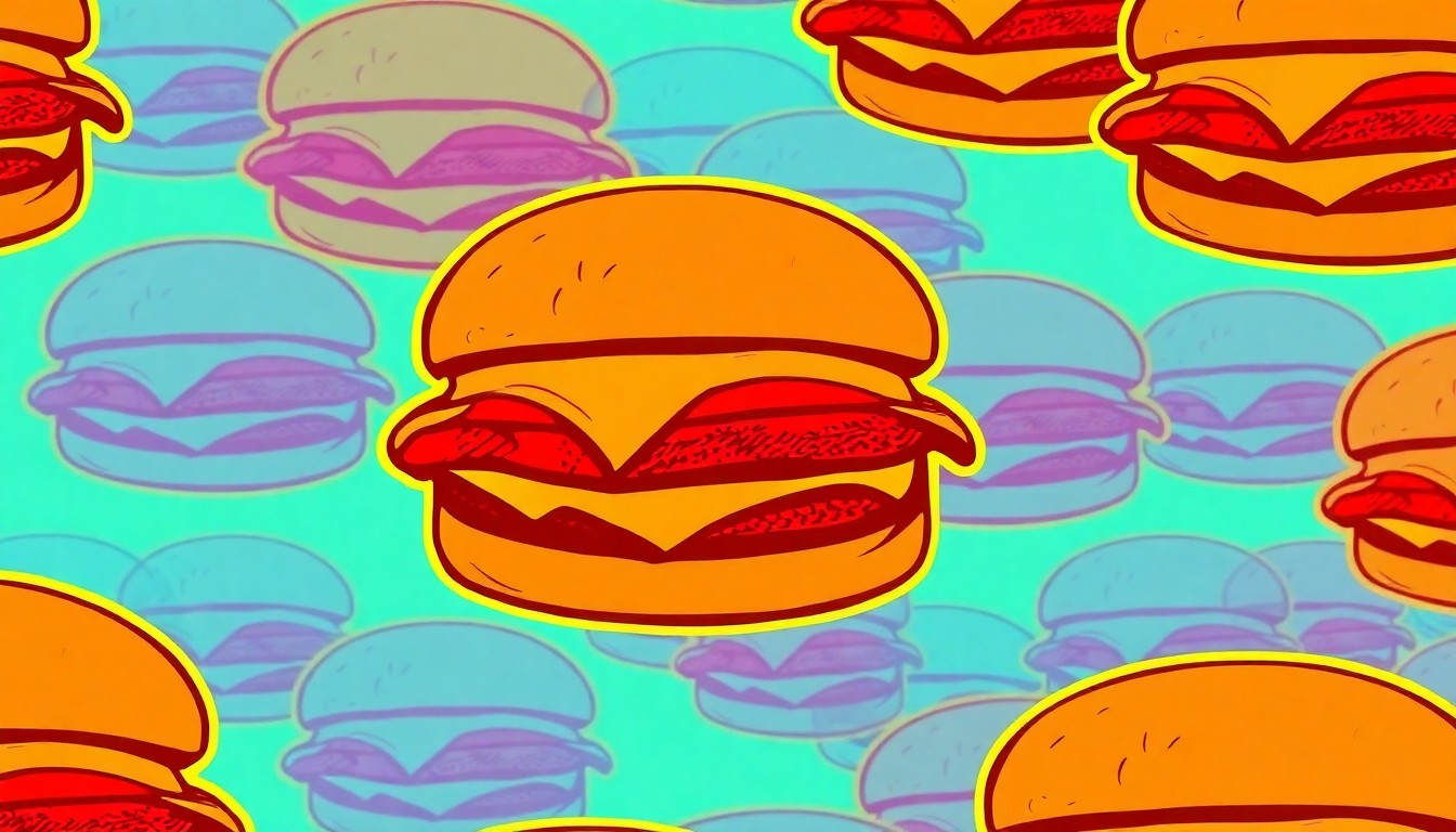 A vibrant, abstract silkscreen illustration of a cheeseburger repeated in a grid pattern, using bold neon colors and heavy black outlines to capture the energy and excitement of a community food festival.