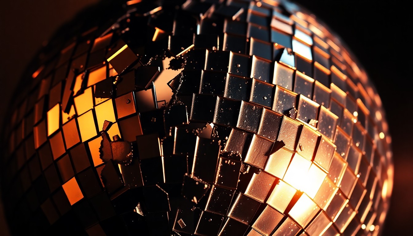 An extreme close-up photograph of a shattered disco ball, its glittering shards reflecting a soft, warm light, conceptually representing the fragility and resilience of fame.
