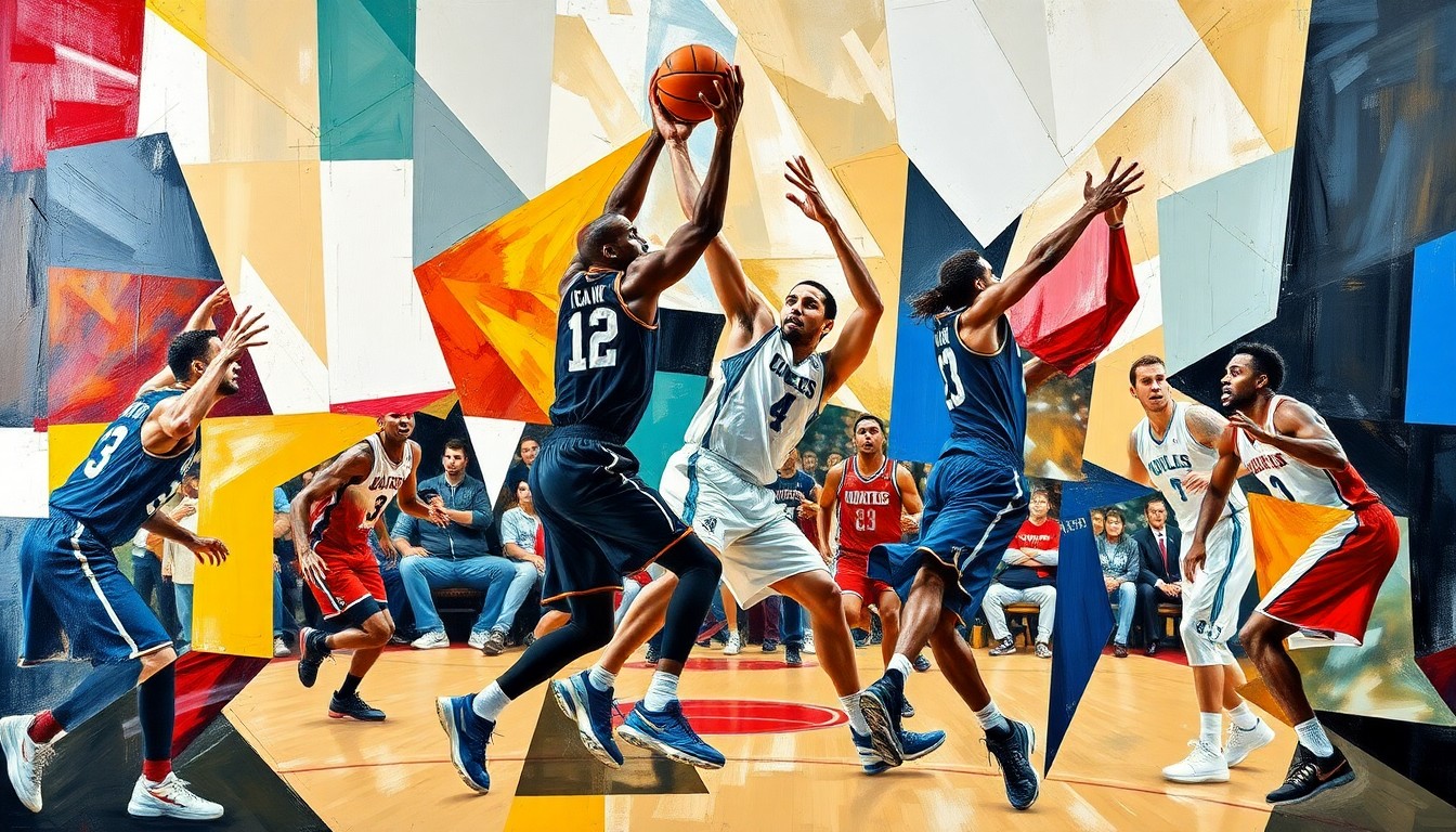 A fragmented, cubist-style painting depicting the dynamic movements and energy of a college basketball game, with players' forms broken down into overlapping geometric shapes and planes of vibrant colors.