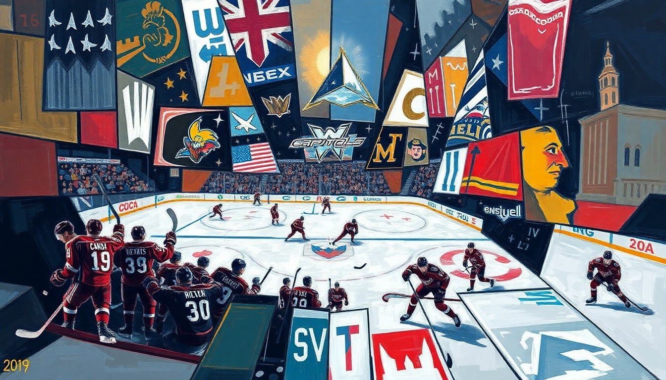 A fractured, multi-perspective painting depicting a hockey game or match, with sharp, overlapping geometric planes representing the intense competition between the Washington Capitals and their Metropolitan Division rivals.