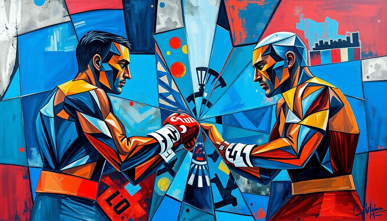 A fractured, cubist-style painting depicting the dynamic movements and energy of a boxing match, with sharp geometric shapes and planes in vibrant colors like deep blues, fiery reds, and metallic silvers.