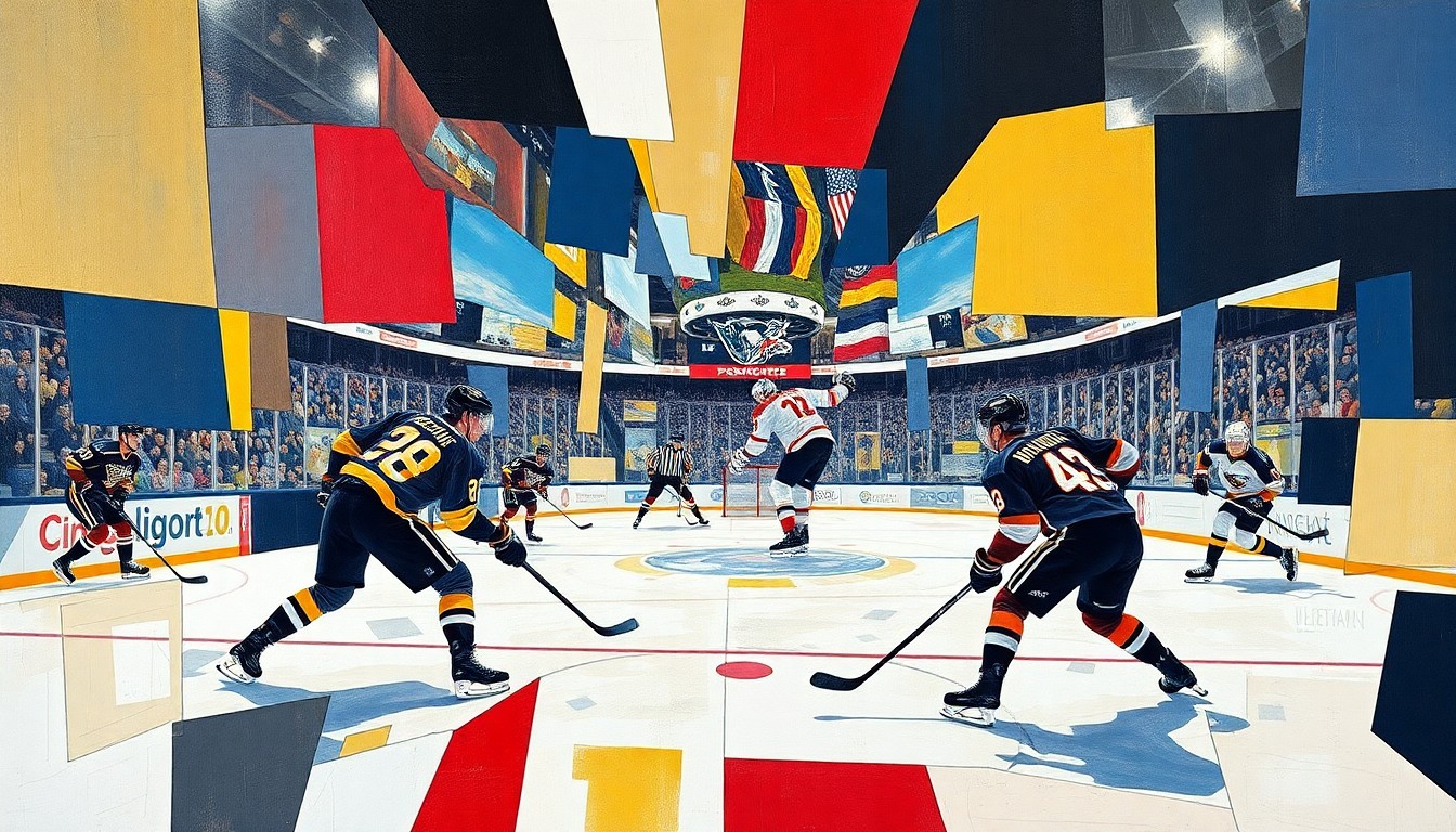 A cubist, geometric painting depicting a hockey game in fragmented, overlapping planes of color, representing the complex balance between player performance and wellness in the NHL.