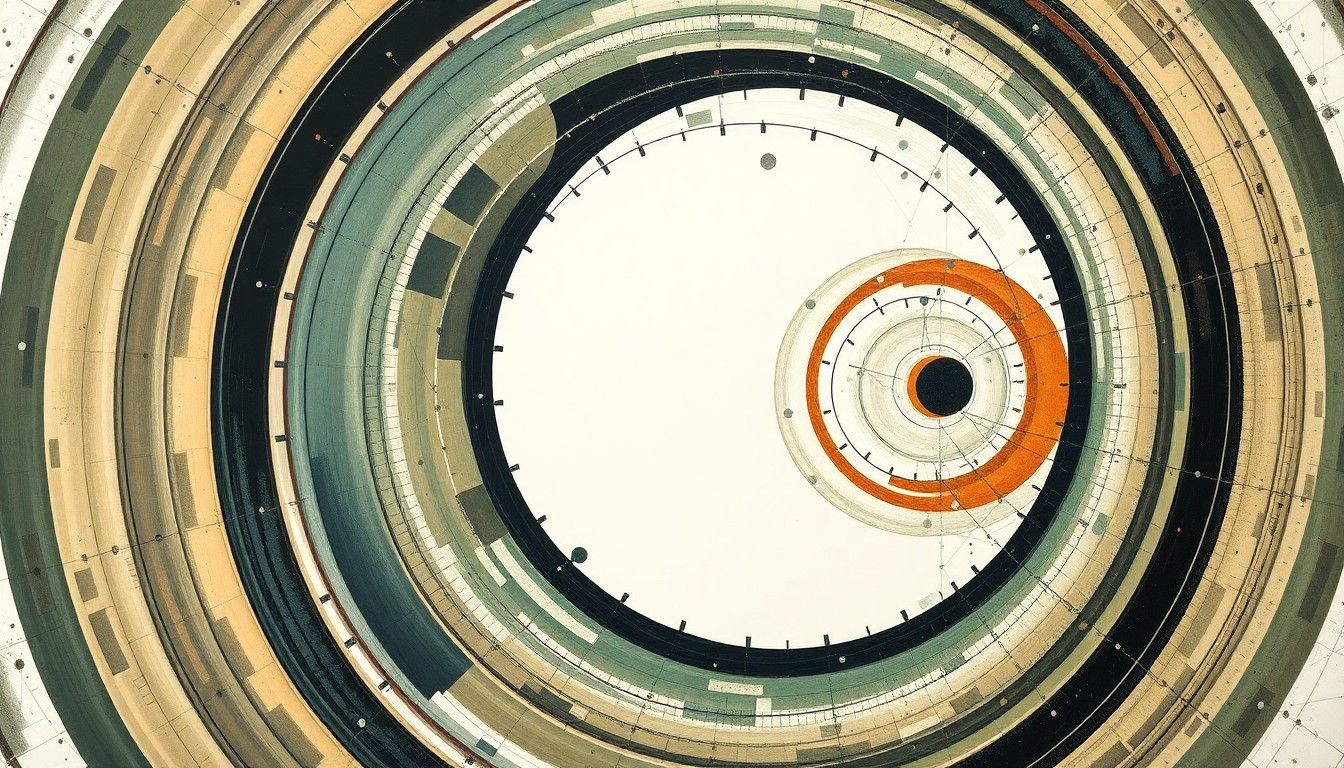 A bold, abstract painting in muted earthy tones of green, brown, and blue, featuring sweeping geometric arcs, concentric circles, and precise spirals, conceptually representing the complex intellectual forces and exceptional minds of Terence Tao and Kim Young-hoon.