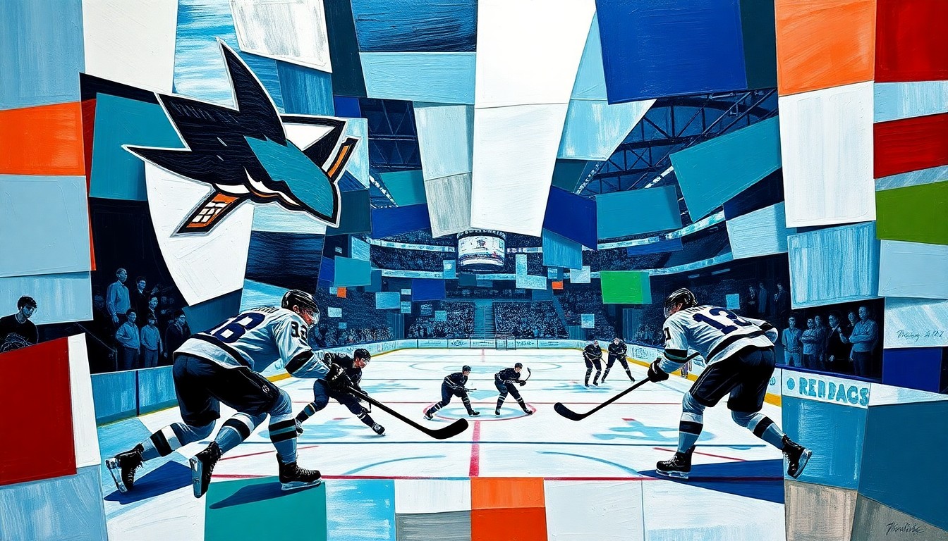 A cubist-style painting depicting a hockey game between the San Jose Sharks and Vancouver Canucks, with the players' movements and the energy of the game captured through sharp, overlapping geometric shapes and planes in the Sharks' teal and white colors and the Canucks' blue and green colors.