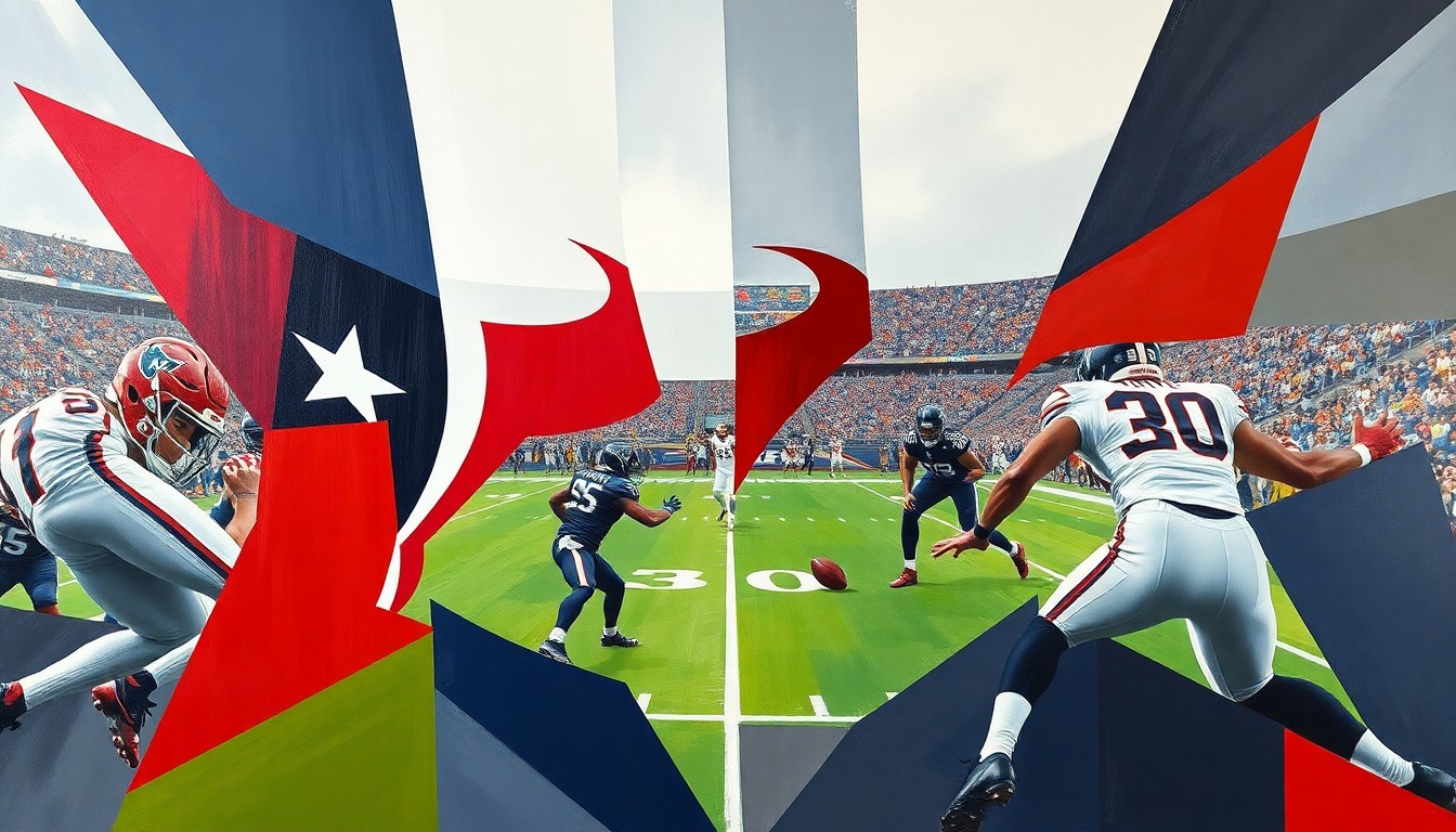 A fractured, multi-perspective painting in the style of Pablo Picasso, breaking down a football game into sharp, overlapping geometric planes of deep blue, battle red, and steel gray, representing the Texans' strategic moves to secure their young stars.
